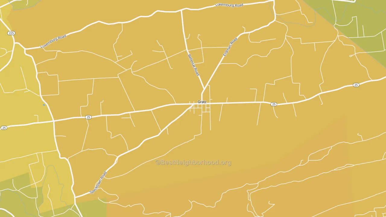 Map of the best neighborhoods in the Gratz area, with better matches in green and worse matches in red