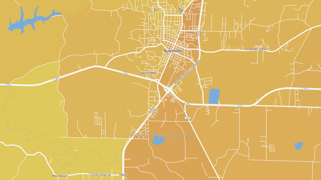 Map of the best neighborhoods in the Gravel Hill area, with better matches in green and worse matches in red