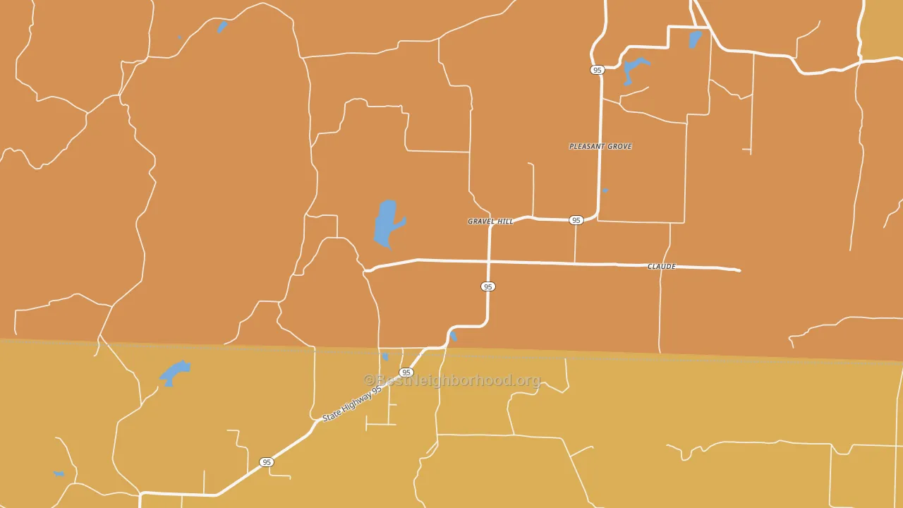 Map of the best neighborhoods in the Gravel Hill area, with better matches in green and worse matches in red