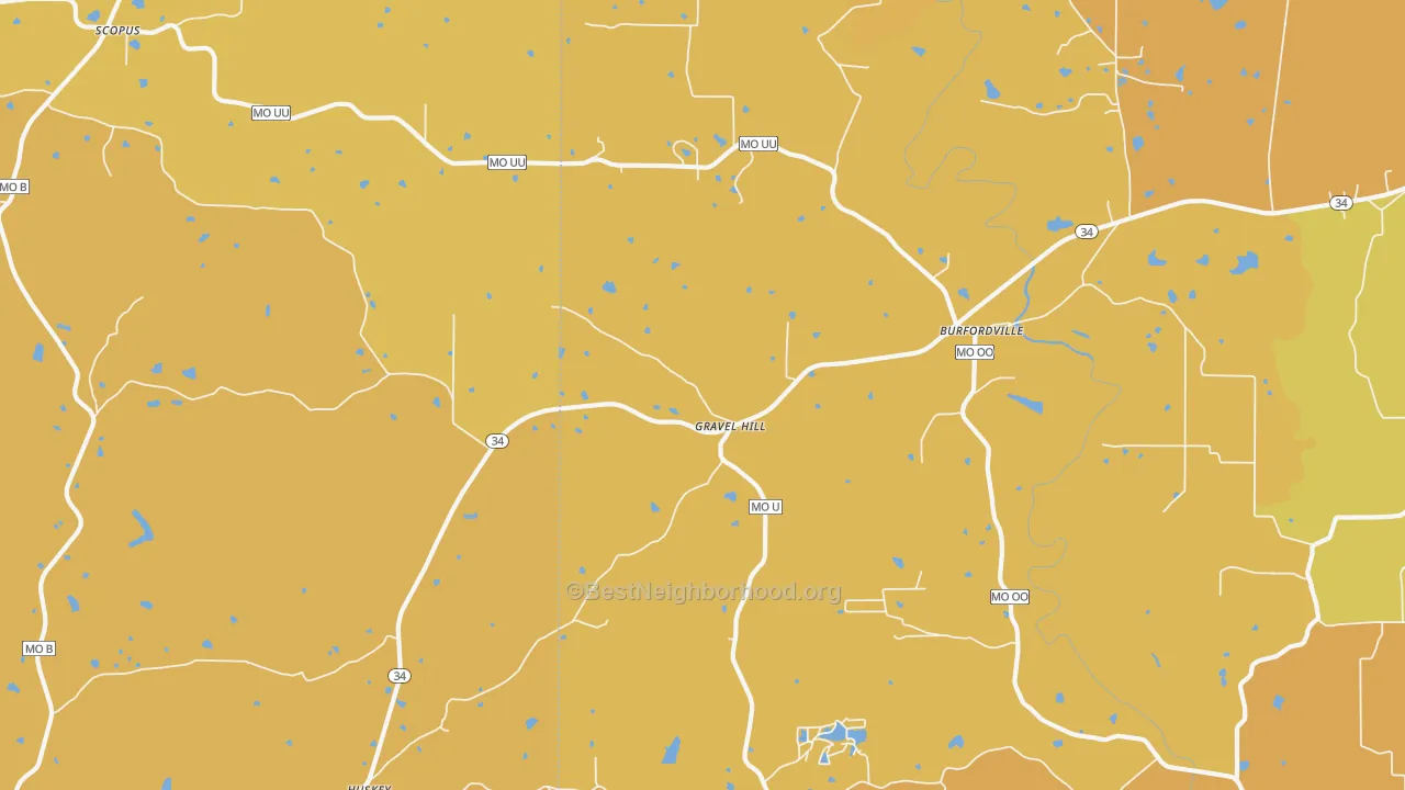 Map of the best neighborhoods in the Gravel Hill area, with better matches in green and worse matches in red