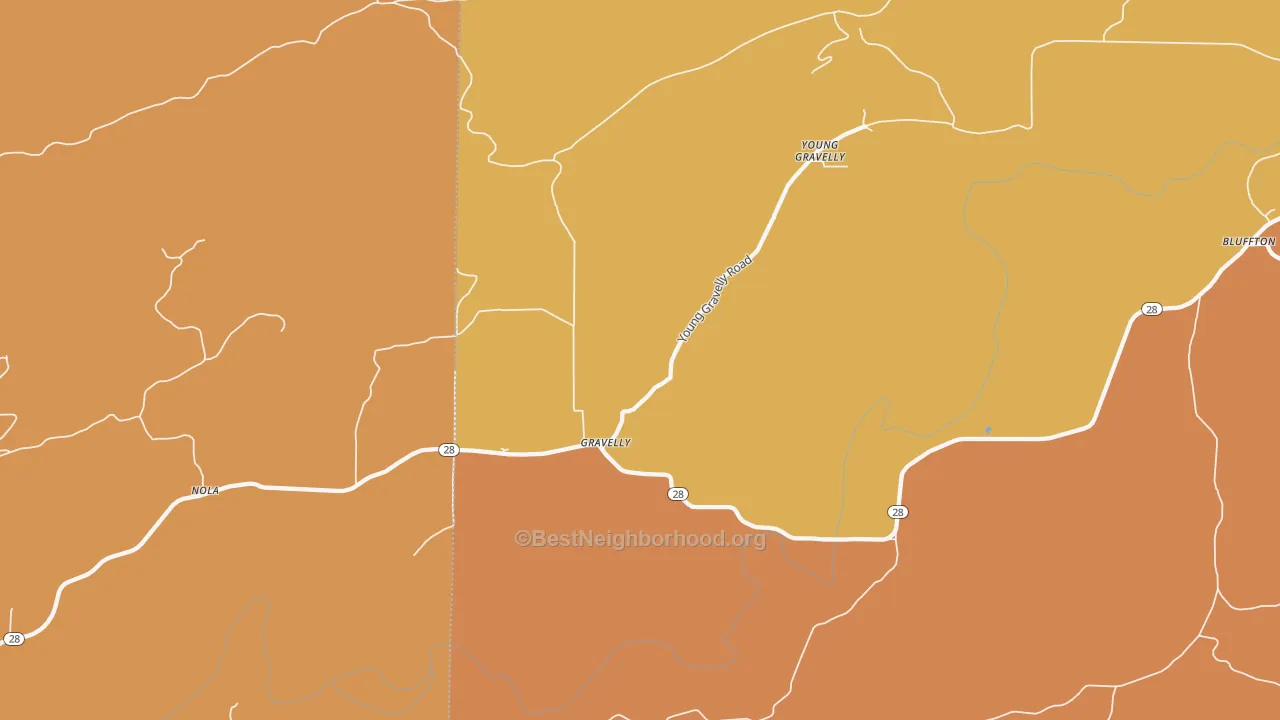 Map of the best neighborhoods in the Gravelly area, with better matches in green and worse matches in red