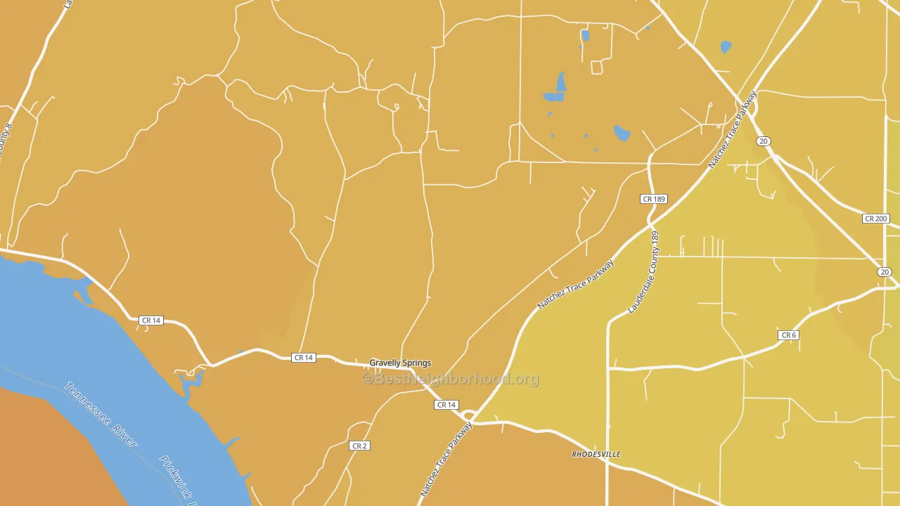 Map of the best neighborhoods in the Gravelly Springs area, with better matches in green and worse matches in red