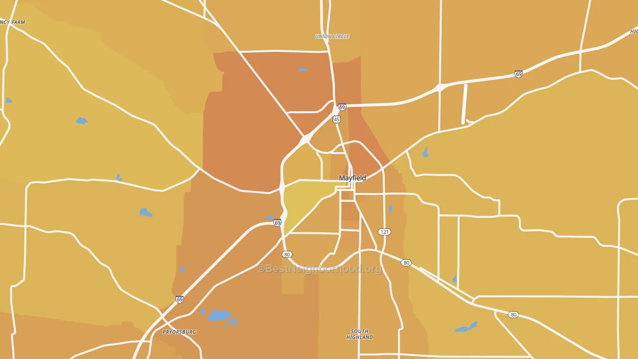 Map of the best neighborhoods in the Graves County area, with better matches in green and worse matches in red