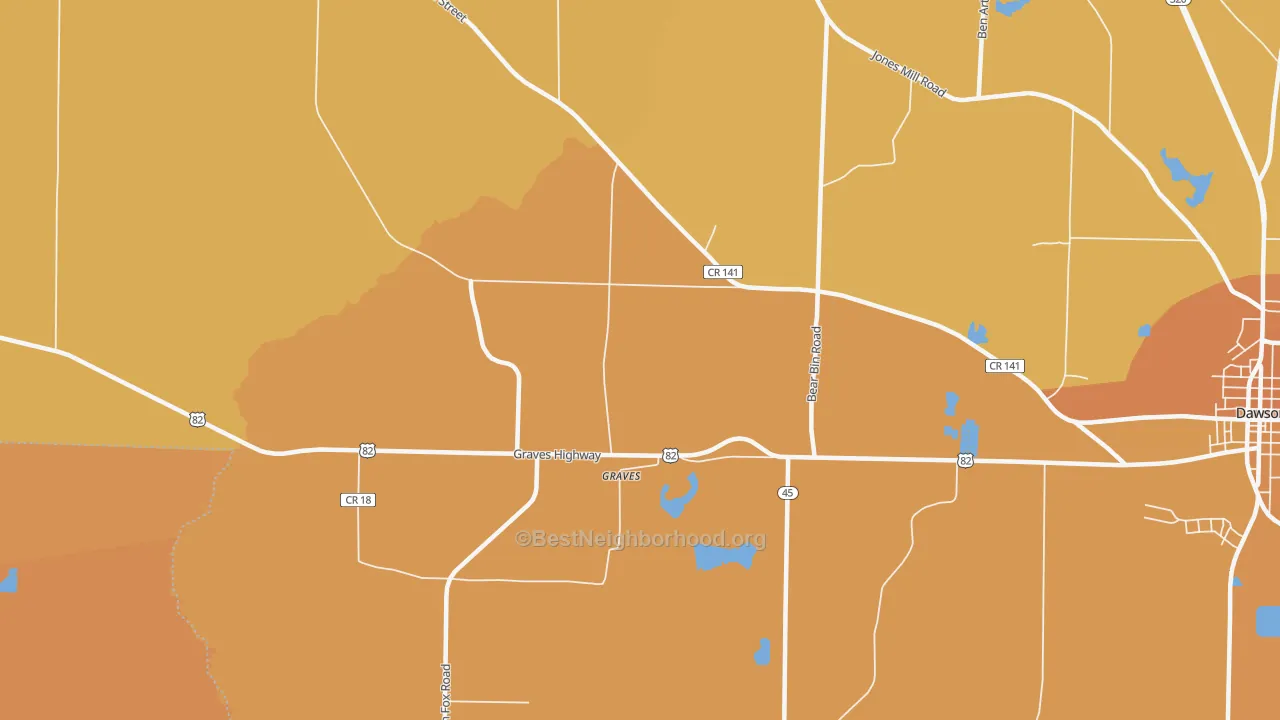Map of the best neighborhoods in the Graves area, with better matches in green and worse matches in red