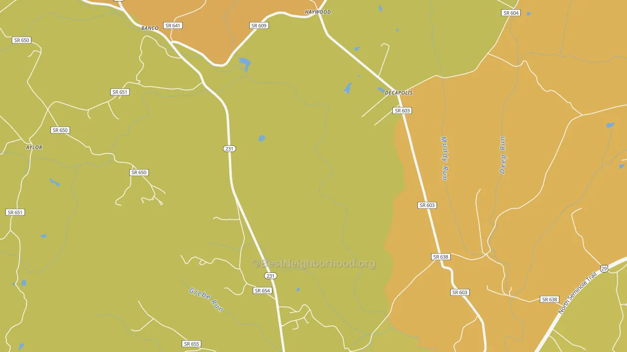 Map of the best neighborhoods in the Graves Mill area, with better matches in green and worse matches in red