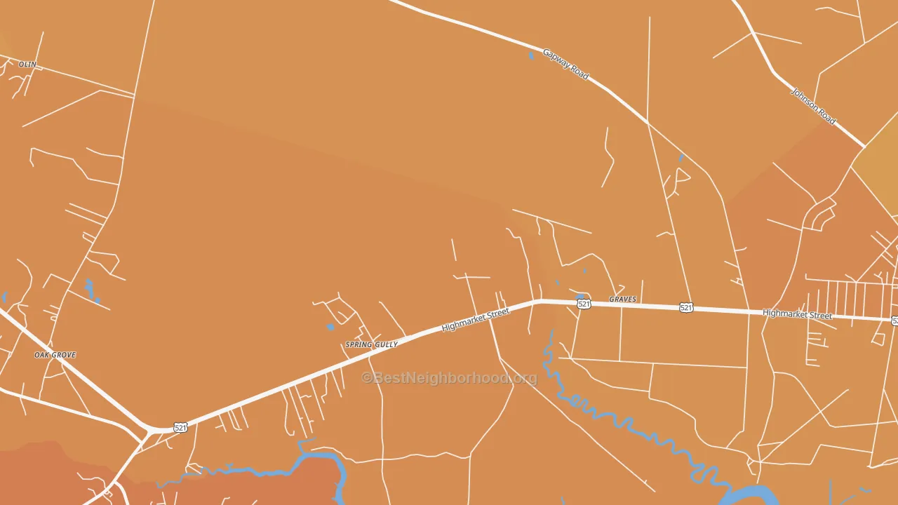 Map of the best neighborhoods in the Graves area, with better matches in green and worse matches in red