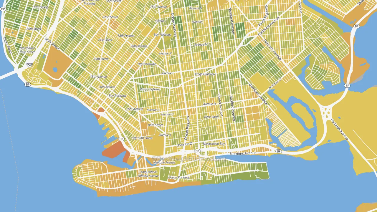 Map of the best neighborhoods in the Gravesend-Sheepshead Bay, Brooklyn area, with better matches in green and worse matches in red