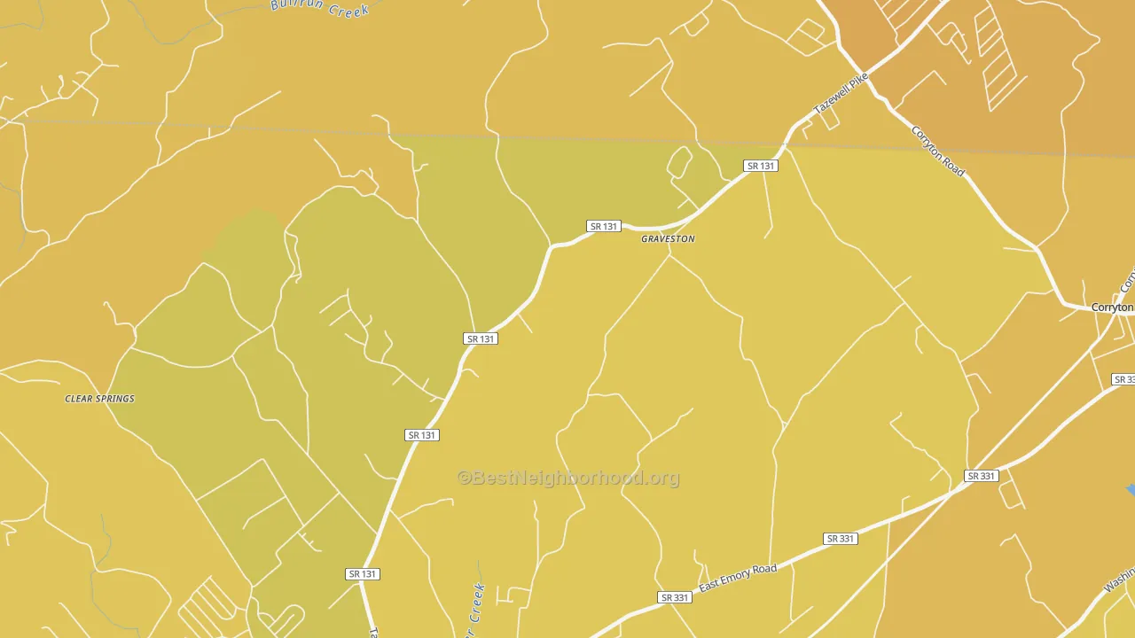 Map of the best neighborhoods in the Graveston area, with better matches in green and worse matches in red