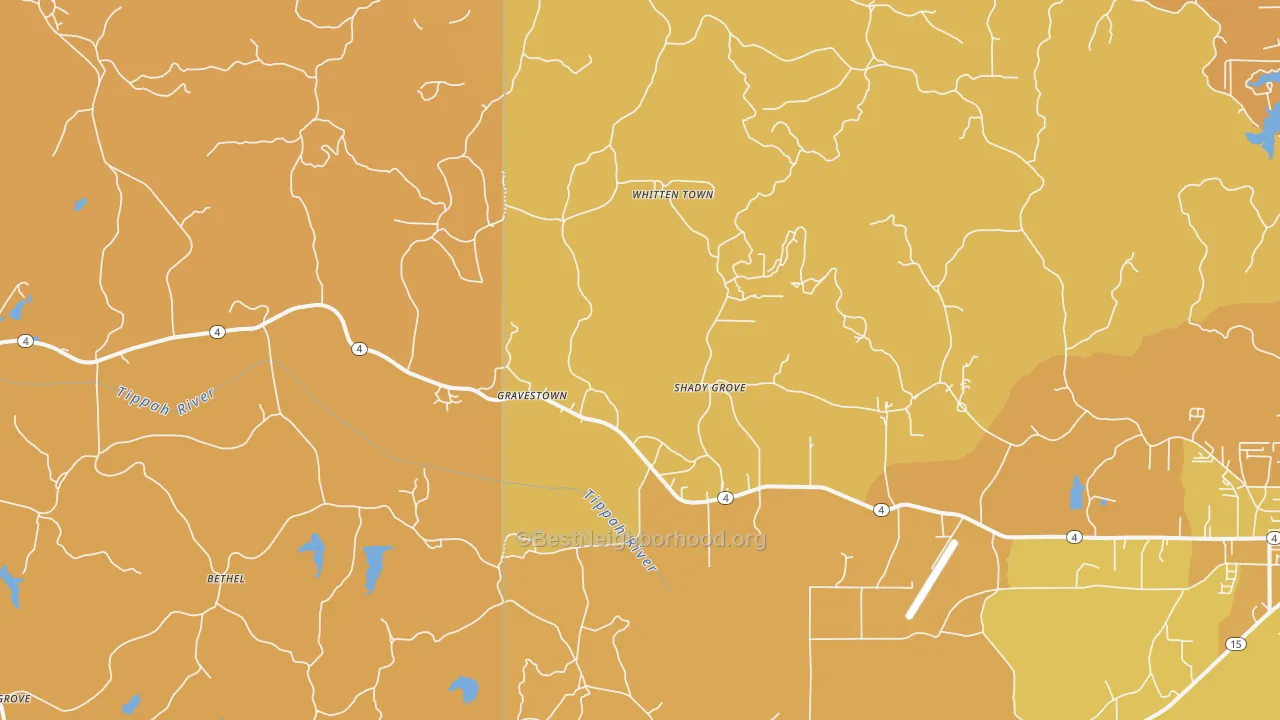 Map of the best neighborhoods in the Gravestown area, with better matches in green and worse matches in red
