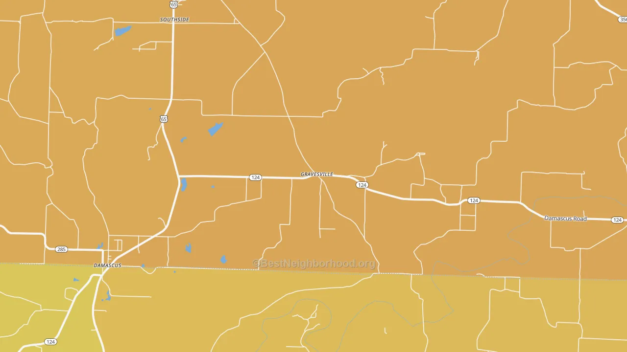 Map of the best neighborhoods in the Gravesville area, with better matches in green and worse matches in red