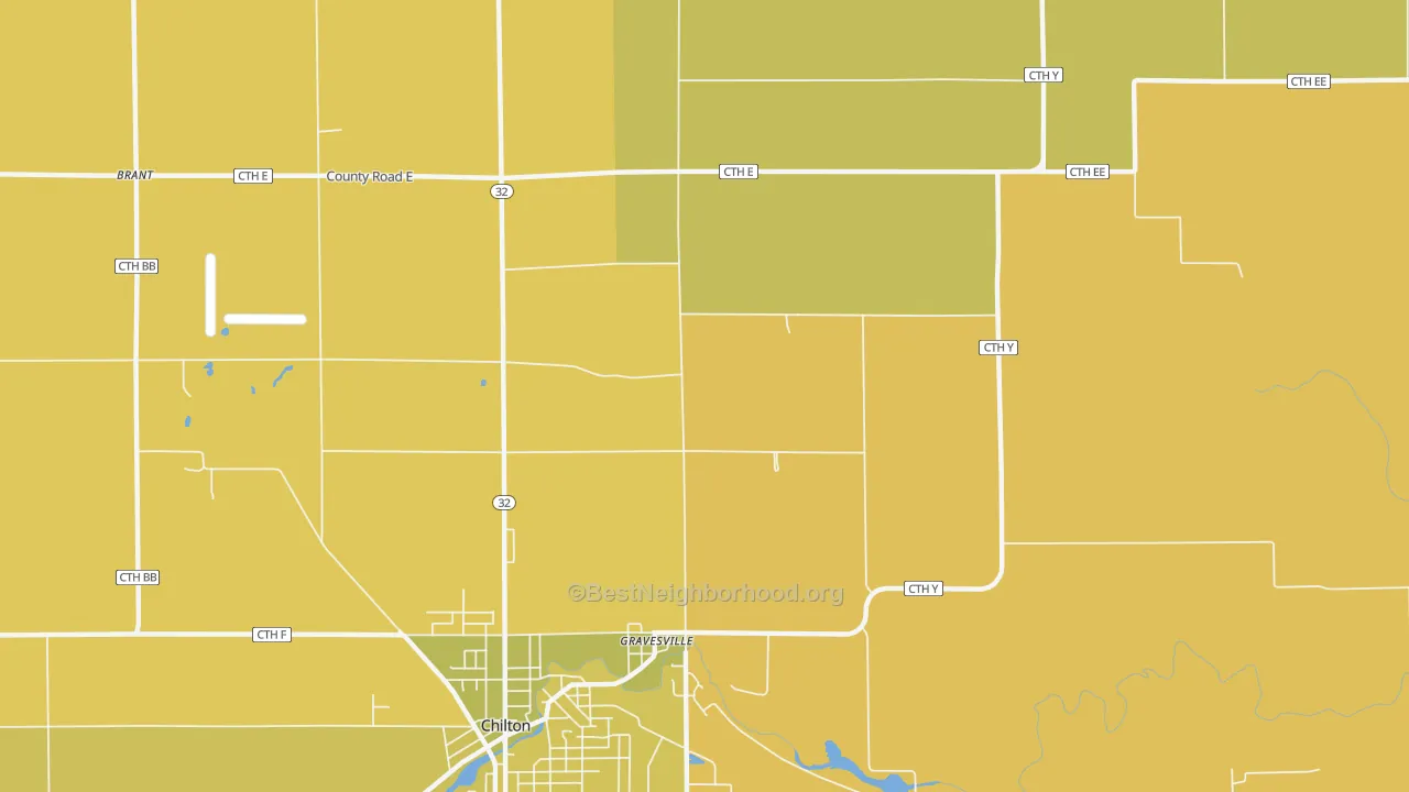 Map of the best neighborhoods in the Gravesville area, with better matches in green and worse matches in red