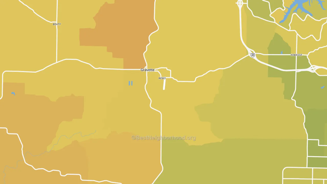 Map of the best neighborhoods in the Gravette area, with better matches in green and worse matches in red