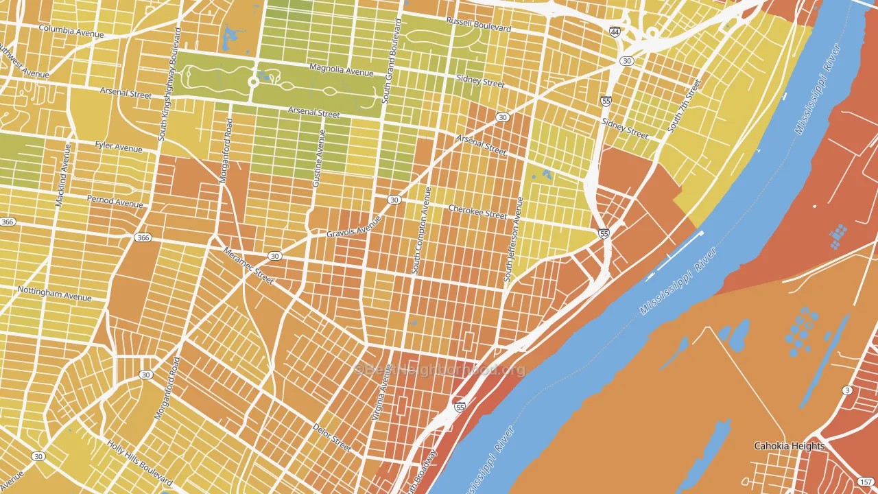 Map of the best neighborhoods in the Gravois Park, St. Louis area, with better matches in green and worse matches in red