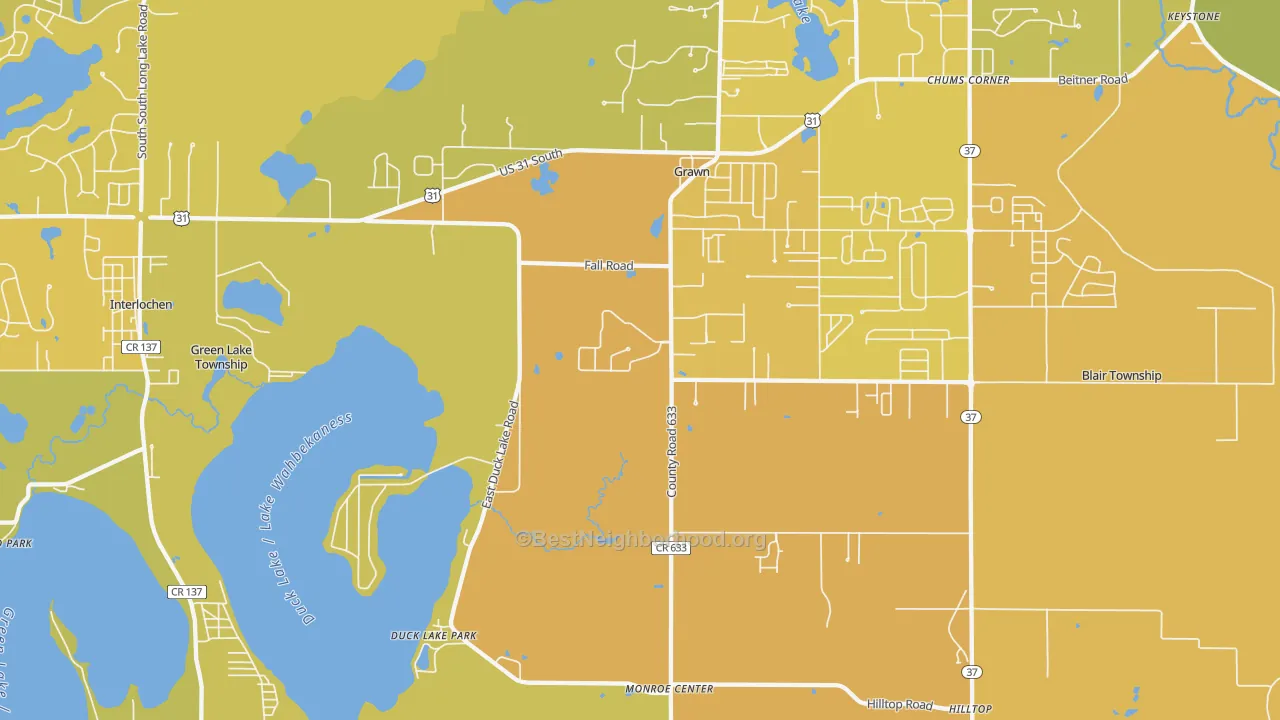 Map of the best neighborhoods in the Grawn area, with better matches in green and worse matches in red