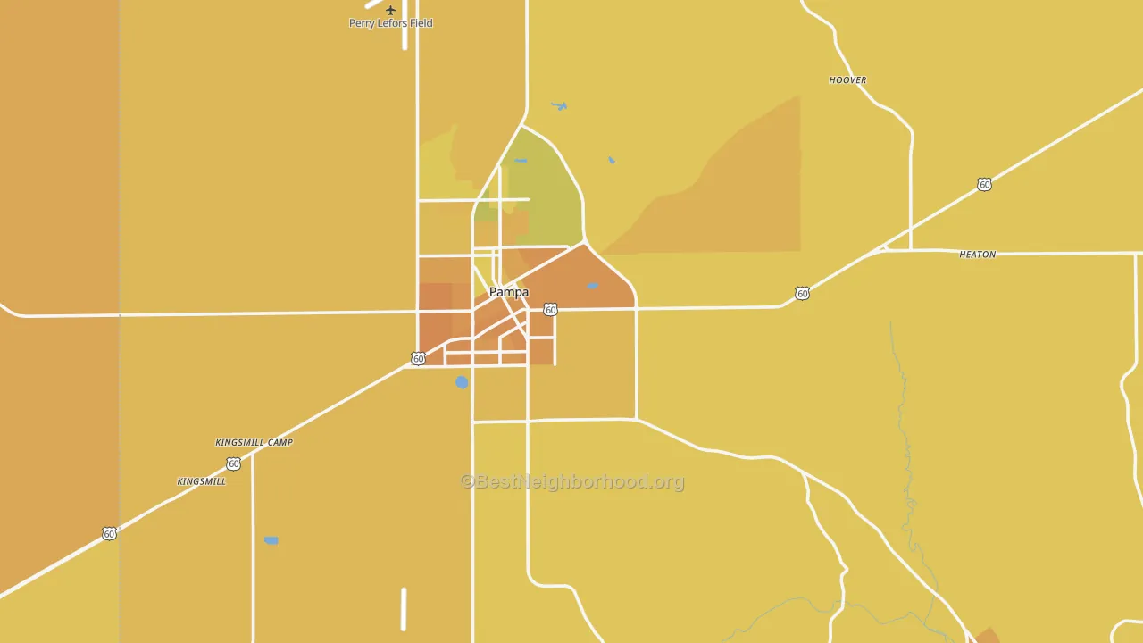 Map of the best neighborhoods in the Gray County area, with better matches in green and worse matches in red