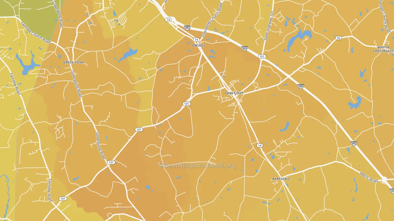 Map of the best neighborhoods in the Gray Court area, with better matches in green and worse matches in red
