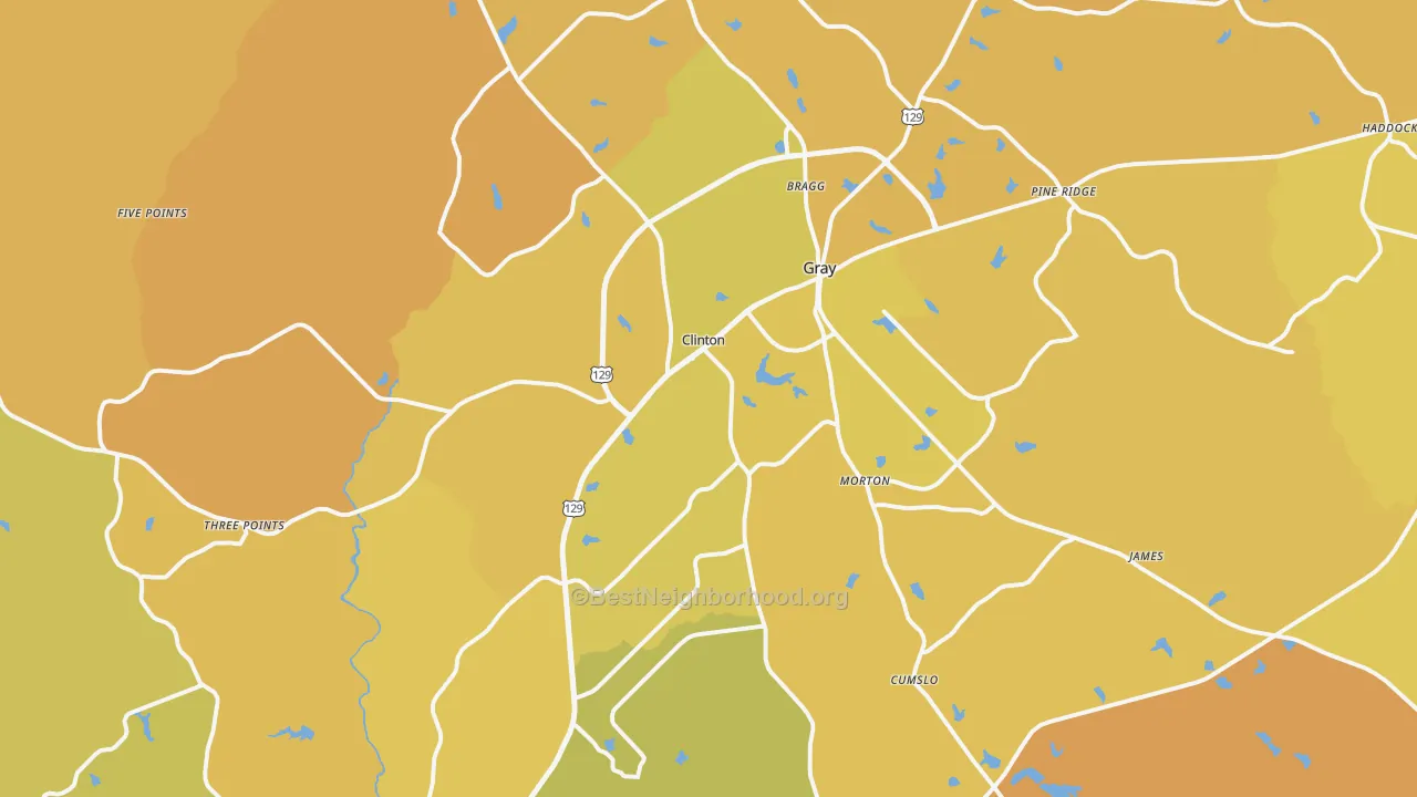 Map of the best neighborhoods in the Gray area, with better matches in green and worse matches in red