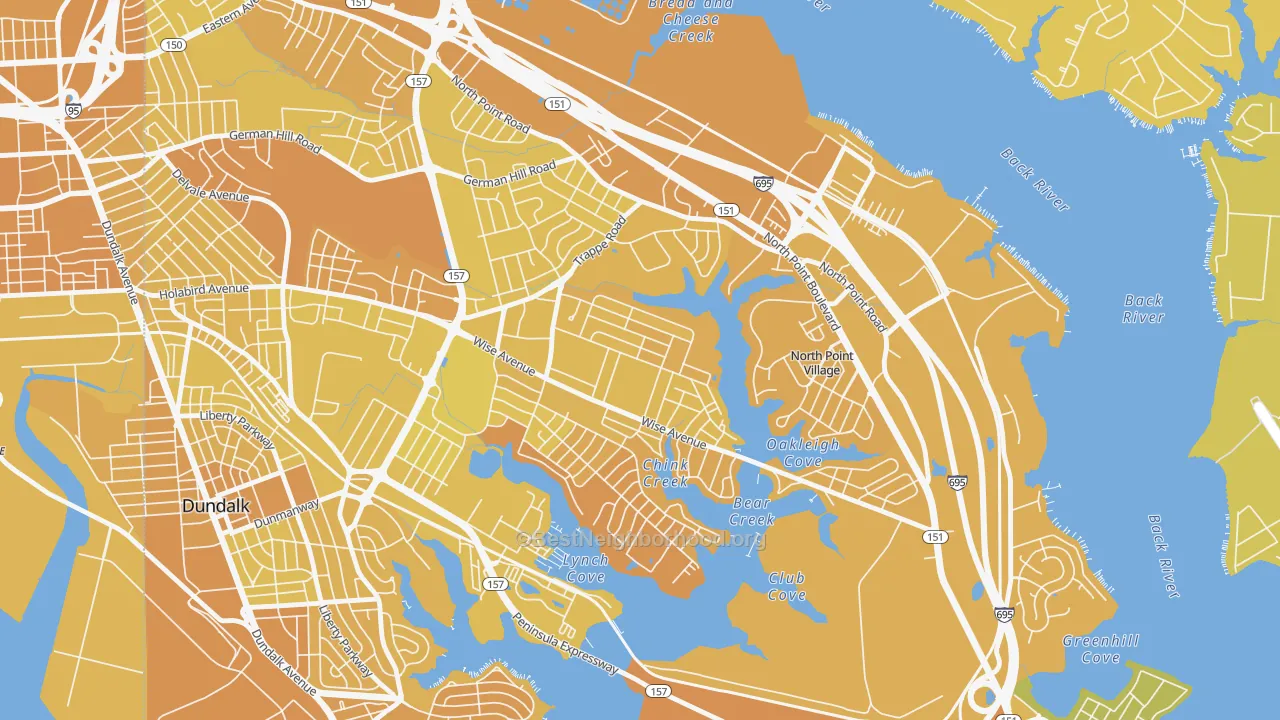 Map of the best neighborhoods in the Gray Haven, Dundalk area, with better matches in green and worse matches in red