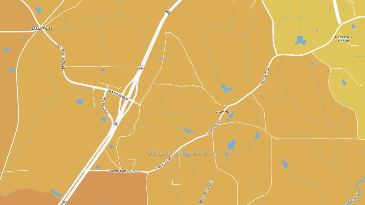 Map of the best neighborhoods in the Gray Hill area, with better matches in green and worse matches in red