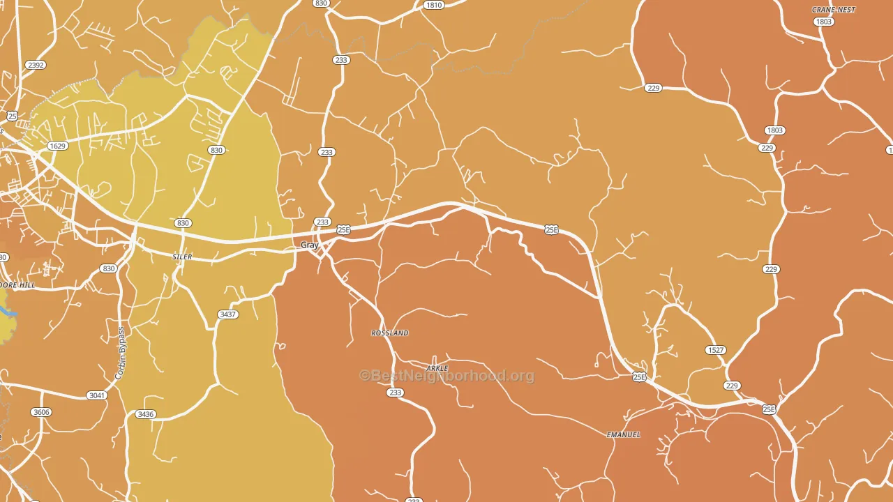 Map of the best neighborhoods in the Gray area, with better matches in green and worse matches in red