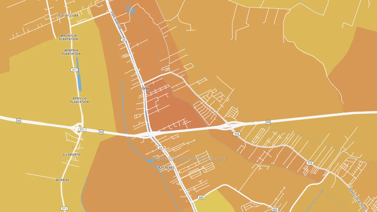 Map of the best neighborhoods in the Gray area, with better matches in green and worse matches in red