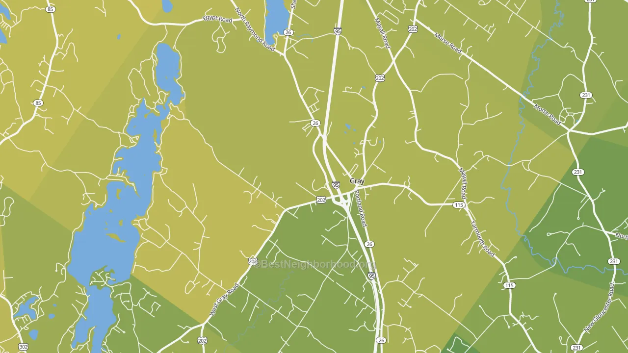Map of the best neighborhoods in the Gray area, with better matches in green and worse matches in red