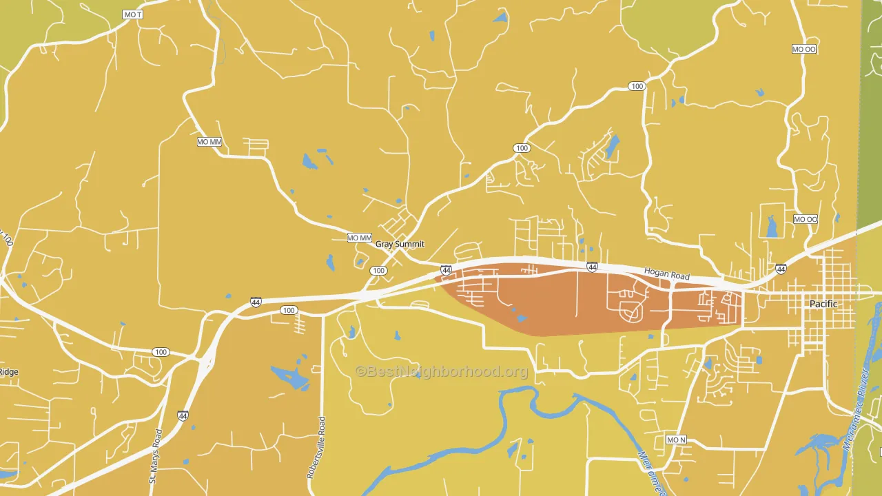 Map of the best neighborhoods in the Gray Summit area, with better matches in green and worse matches in red