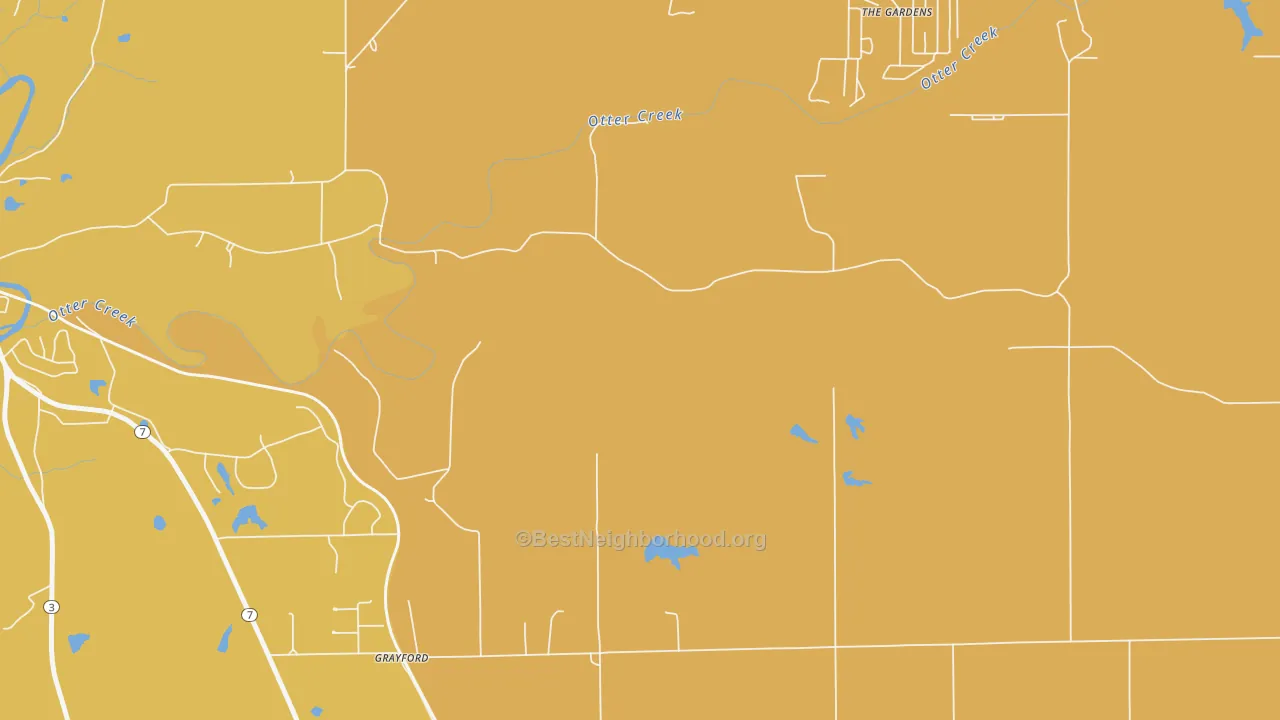 Map of the best neighborhoods in the Grayford area, with better matches in green and worse matches in red
