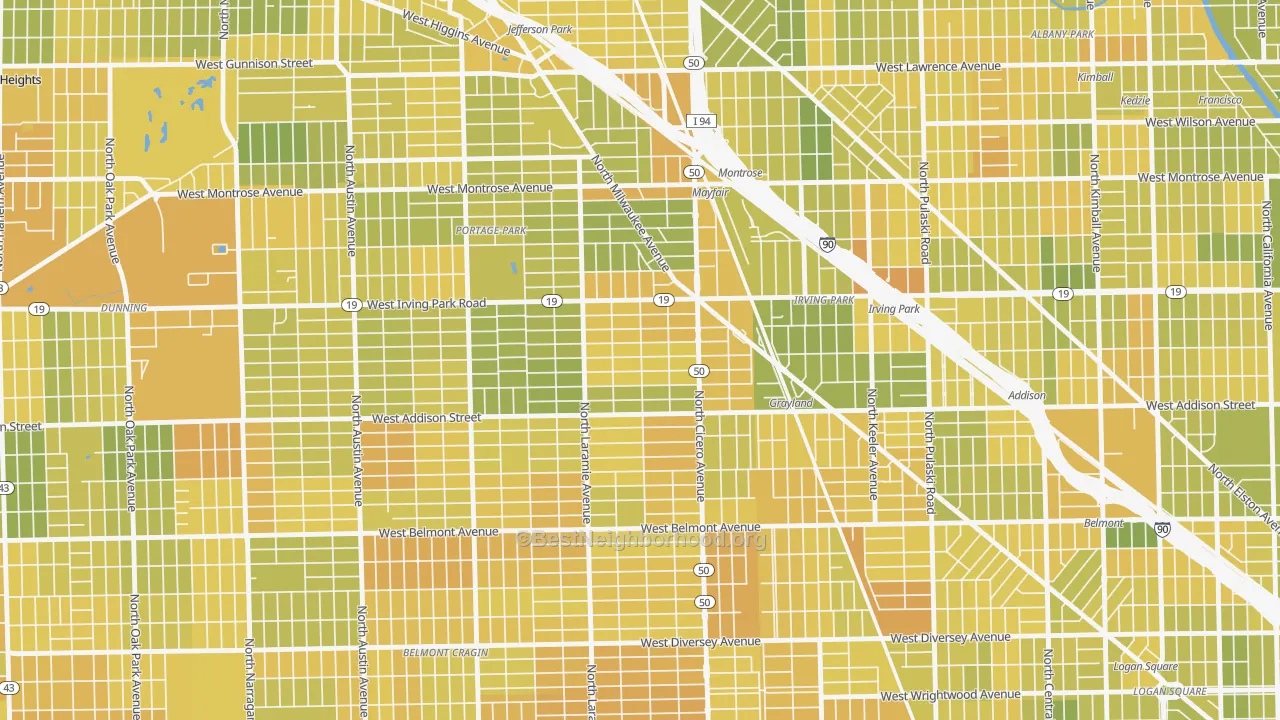 Map of the best neighborhoods in the Grayland, Chicago area, with better matches in green and worse matches in red