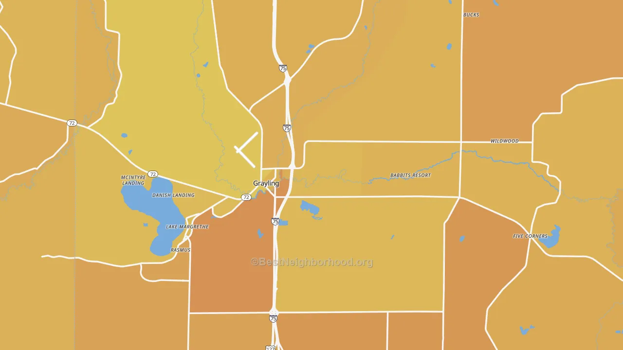 Map of the best neighborhoods in the Grayling area, with better matches in green and worse matches in red