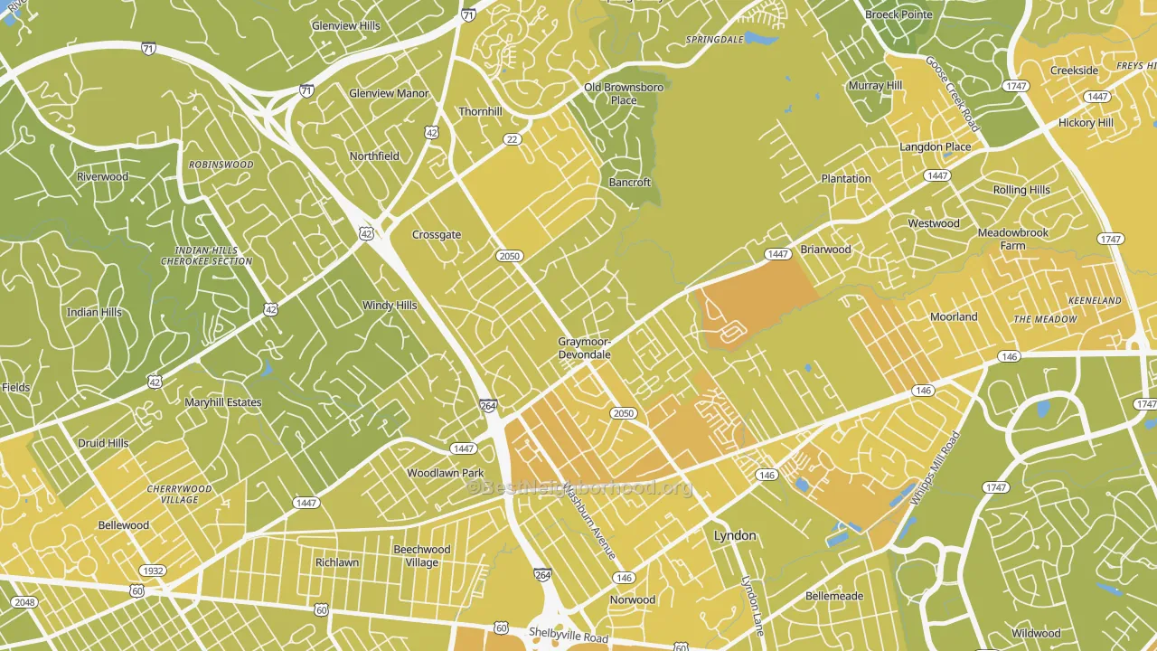 Map of the best neighborhoods in the Graymoor-Devondale area, with better matches in green and worse matches in red