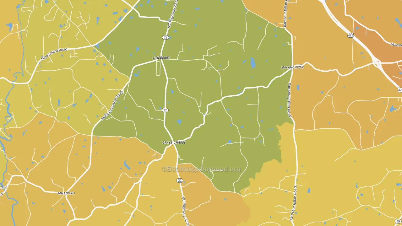 Map of the best neighborhoods in the Grays Chapel area, with better matches in green and worse matches in red