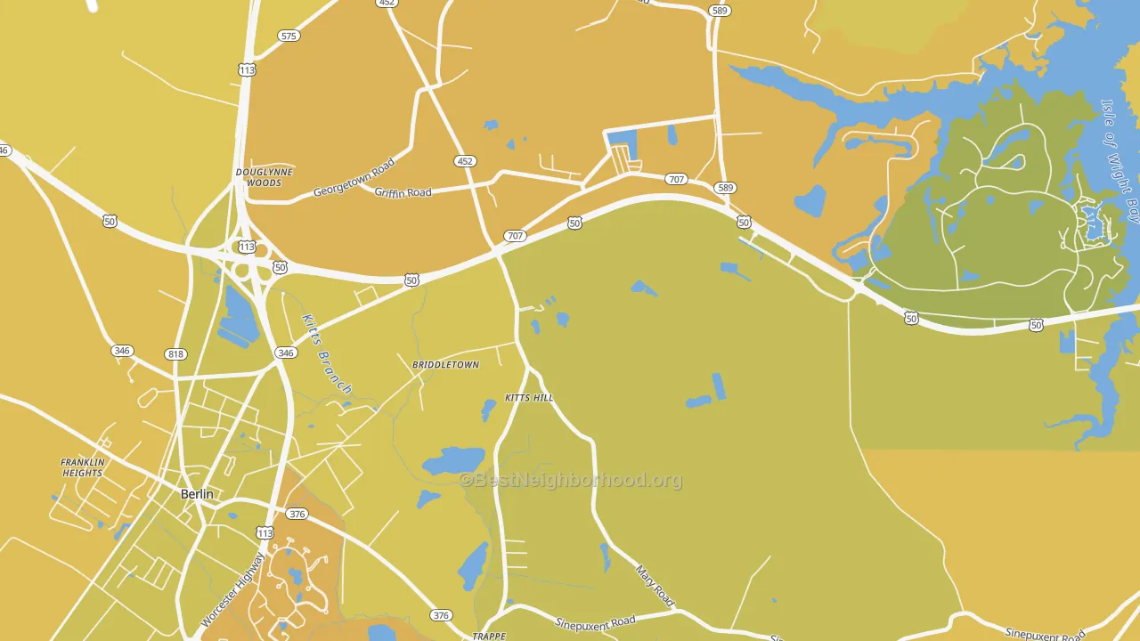 Map of the best neighborhoods in the Grays Corner area, with better matches in green and worse matches in red