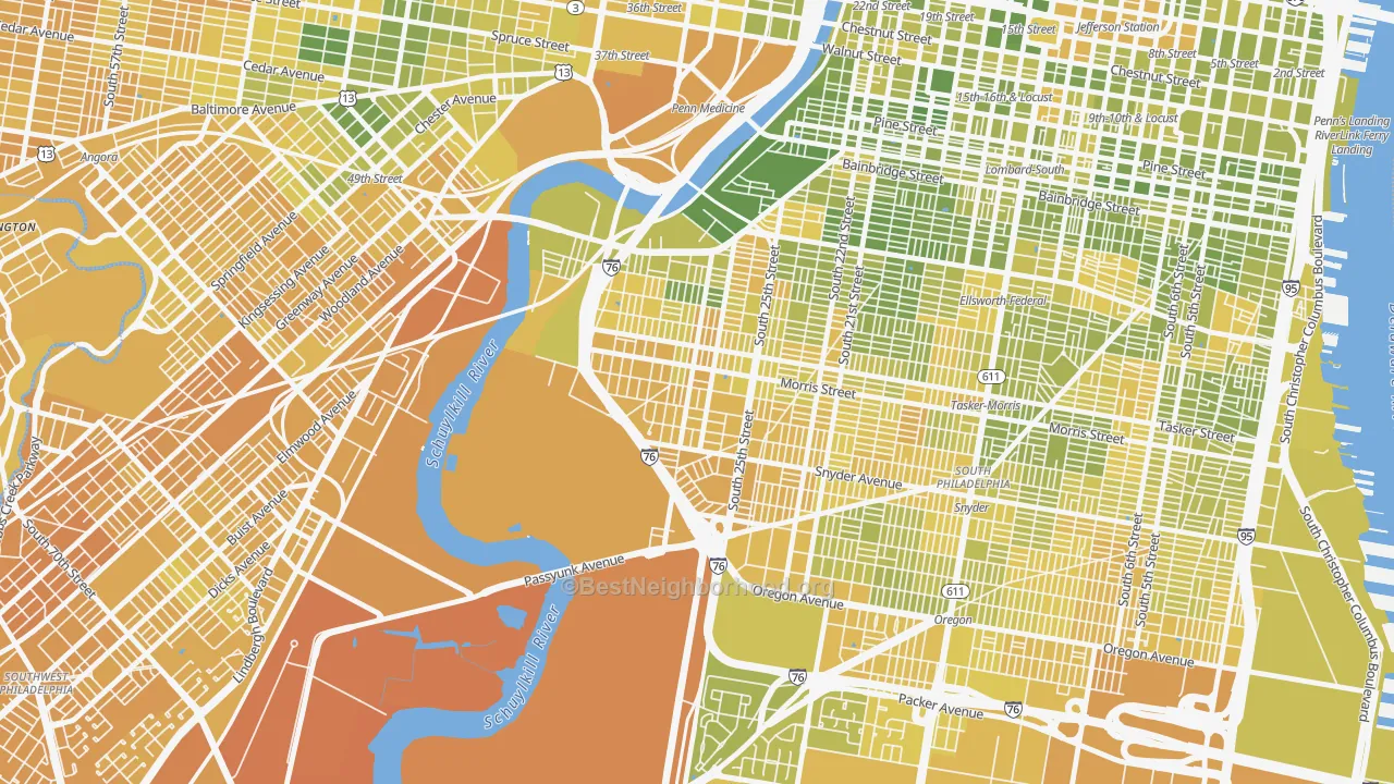 Map of the best neighborhoods in the Grays Ferry, Philadelphia area, with better matches in green and worse matches in red