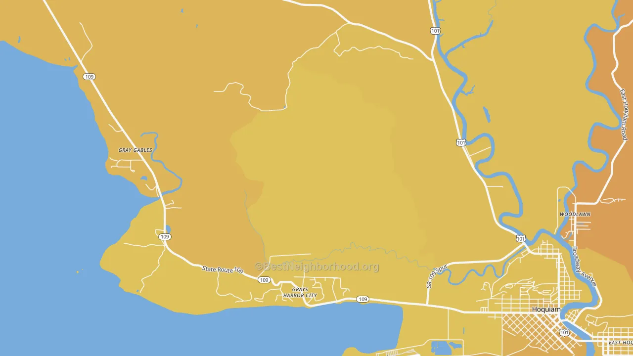 Map of the best neighborhoods in the Grays Harbor City area, with better matches in green and worse matches in red