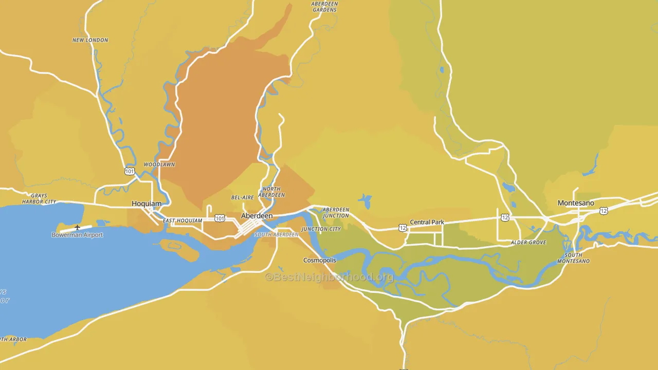 Map of the best neighborhoods in the Grays Harbor County area, with better matches in green and worse matches in red