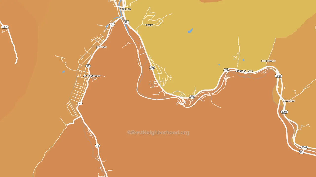 Map of the best neighborhoods in the Grays Knob area, with better matches in green and worse matches in red