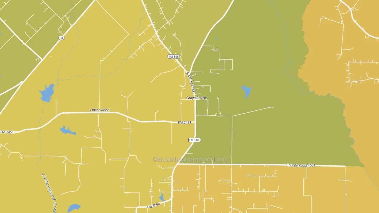 Map of the best neighborhoods in the Grays Prairie area, with better matches in green and worse matches in red
