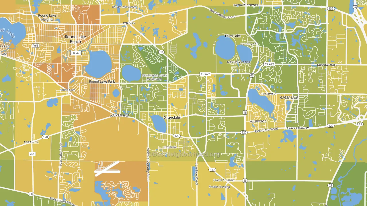 Map of the best neighborhoods in the Grayslake area, with better matches in green and worse matches in red