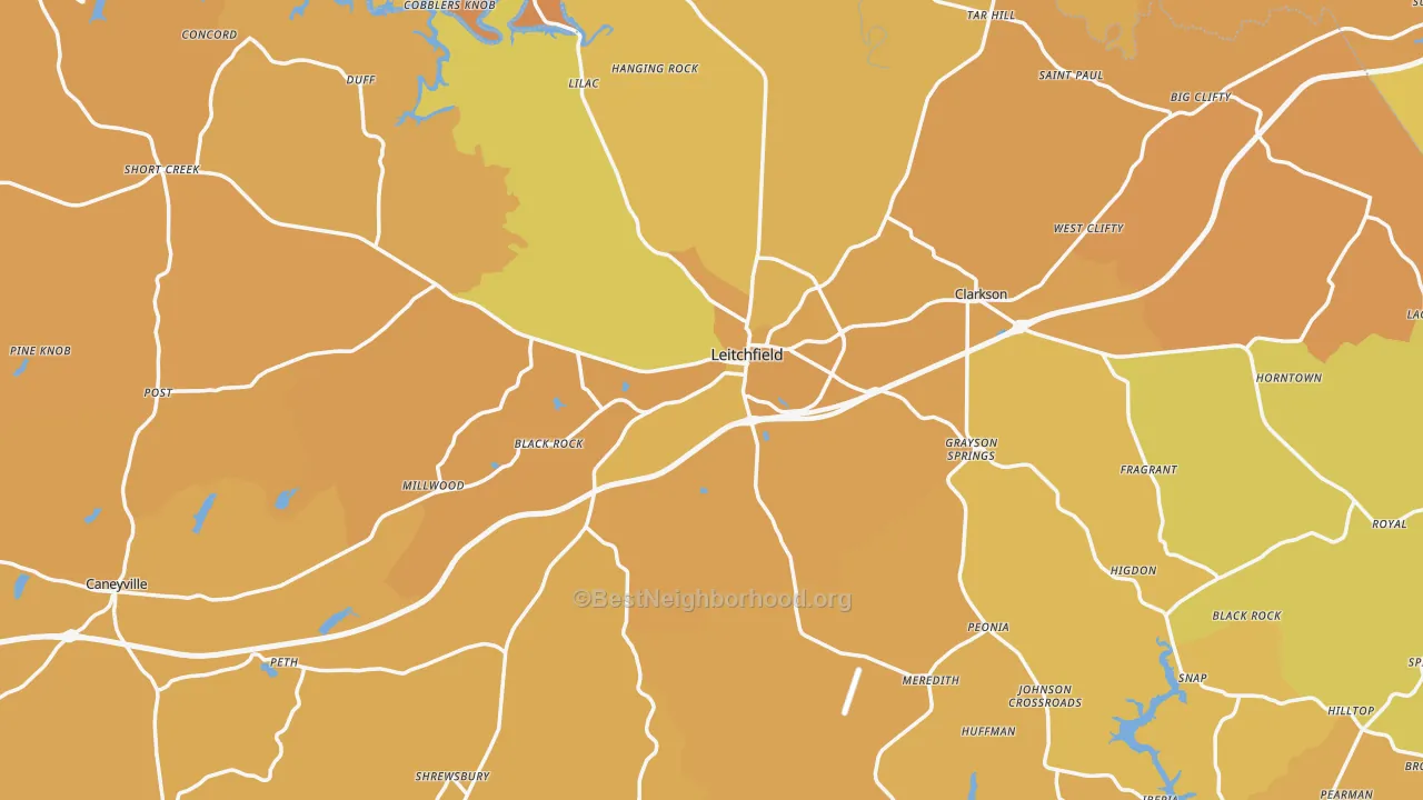 Map of the best neighborhoods in the Grayson County area, with better matches in green and worse matches in red