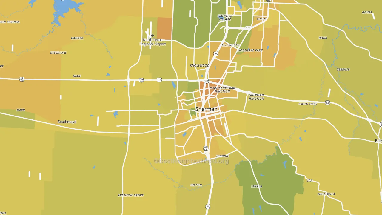 Map of the best neighborhoods in the Grayson County area, with better matches in green and worse matches in red