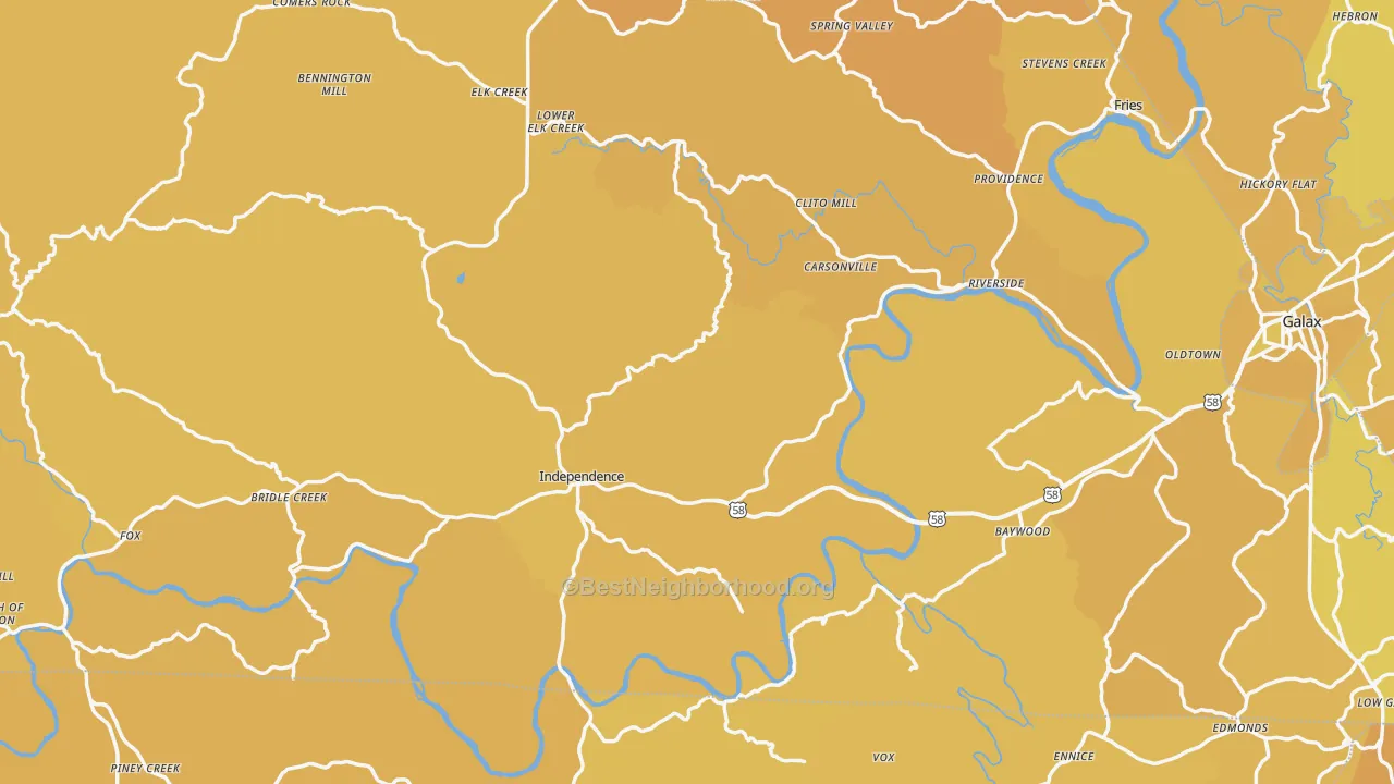 Map of the best neighborhoods in the Grayson County area, with better matches in green and worse matches in red