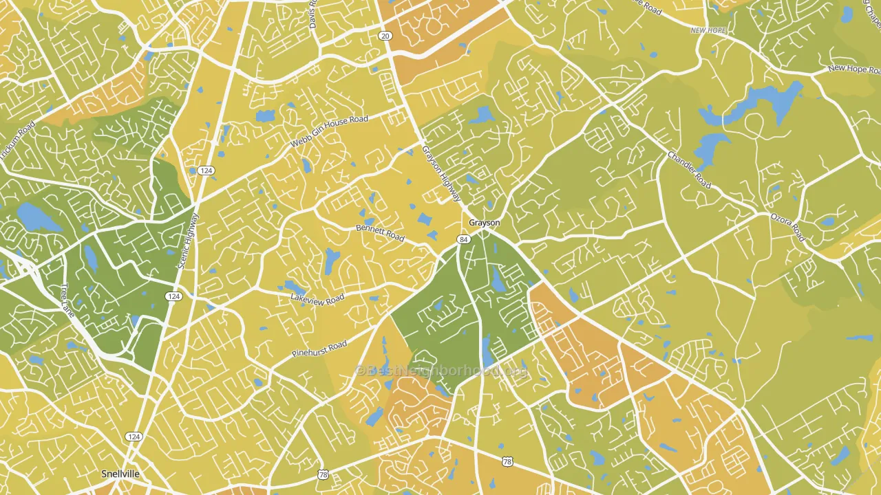 Map of the best neighborhoods in the Grayson area, with better matches in green and worse matches in red
