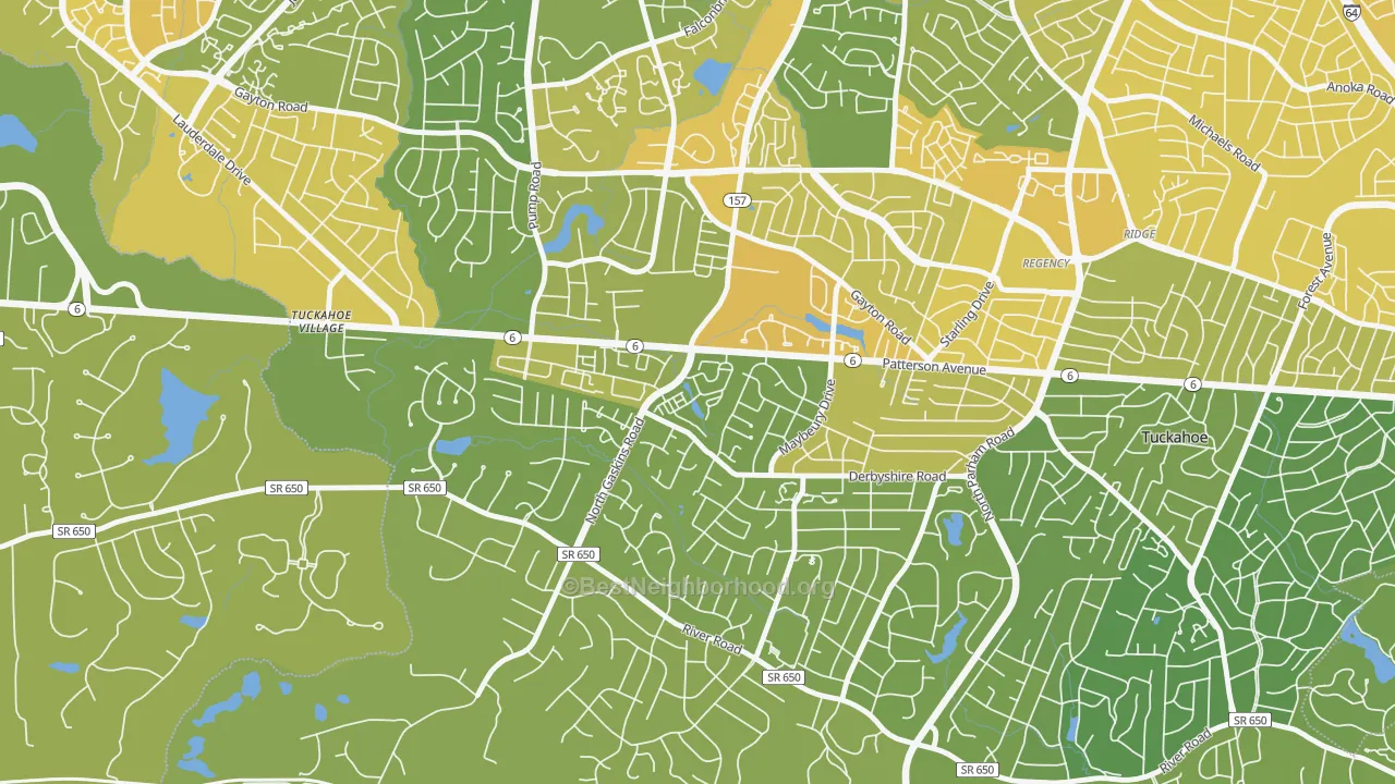 Map of the best neighborhoods in the Grayson Hill, Tuckahoe area, with better matches in green and worse matches in red