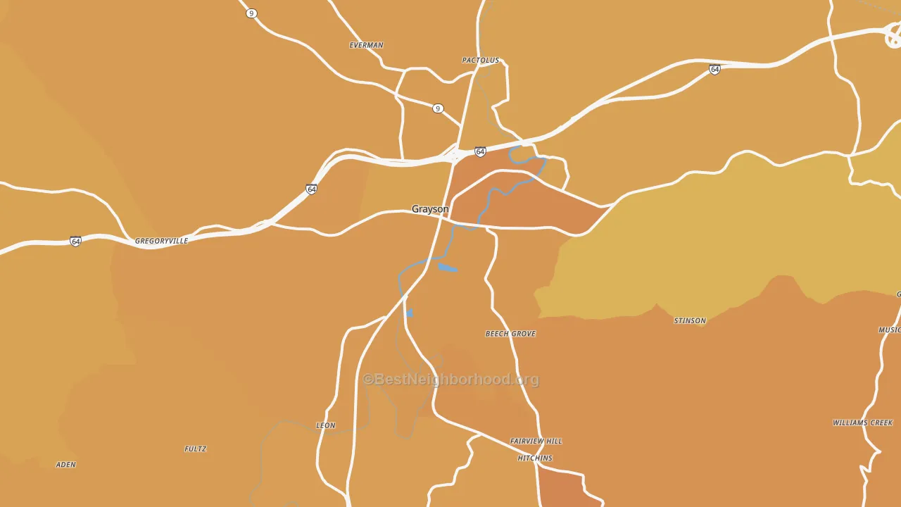 Map of the best neighborhoods in the Grayson area, with better matches in green and worse matches in red