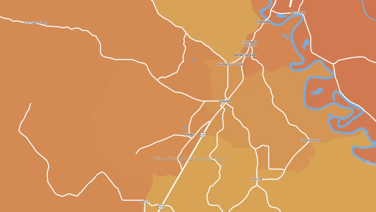Map of the best neighborhoods in the Grayson area, with better matches in green and worse matches in red