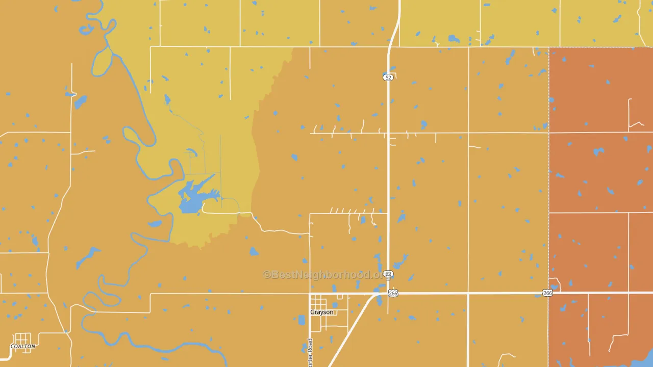 Map of the best neighborhoods in the Grayson area, with better matches in green and worse matches in red