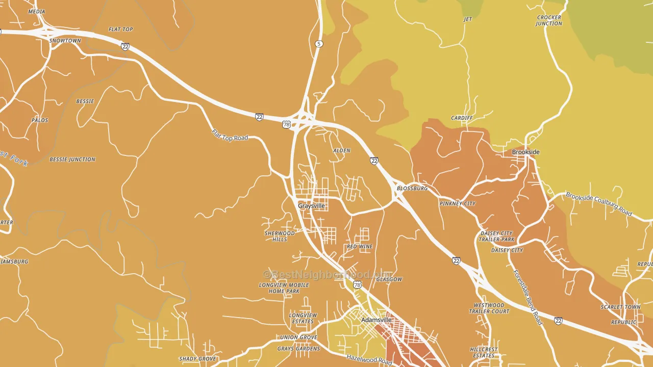 Map of the best neighborhoods in the Graysville area, with better matches in green and worse matches in red