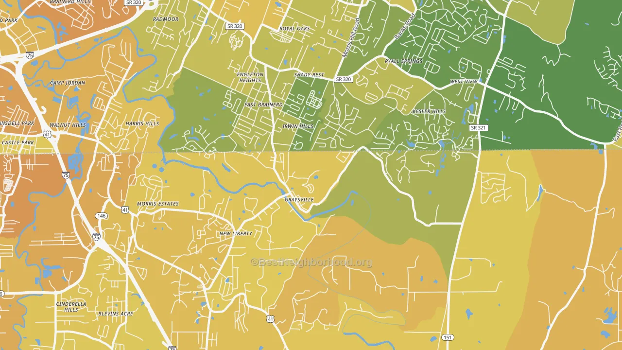 Map of the best neighborhoods in the Graysville area, with better matches in green and worse matches in red