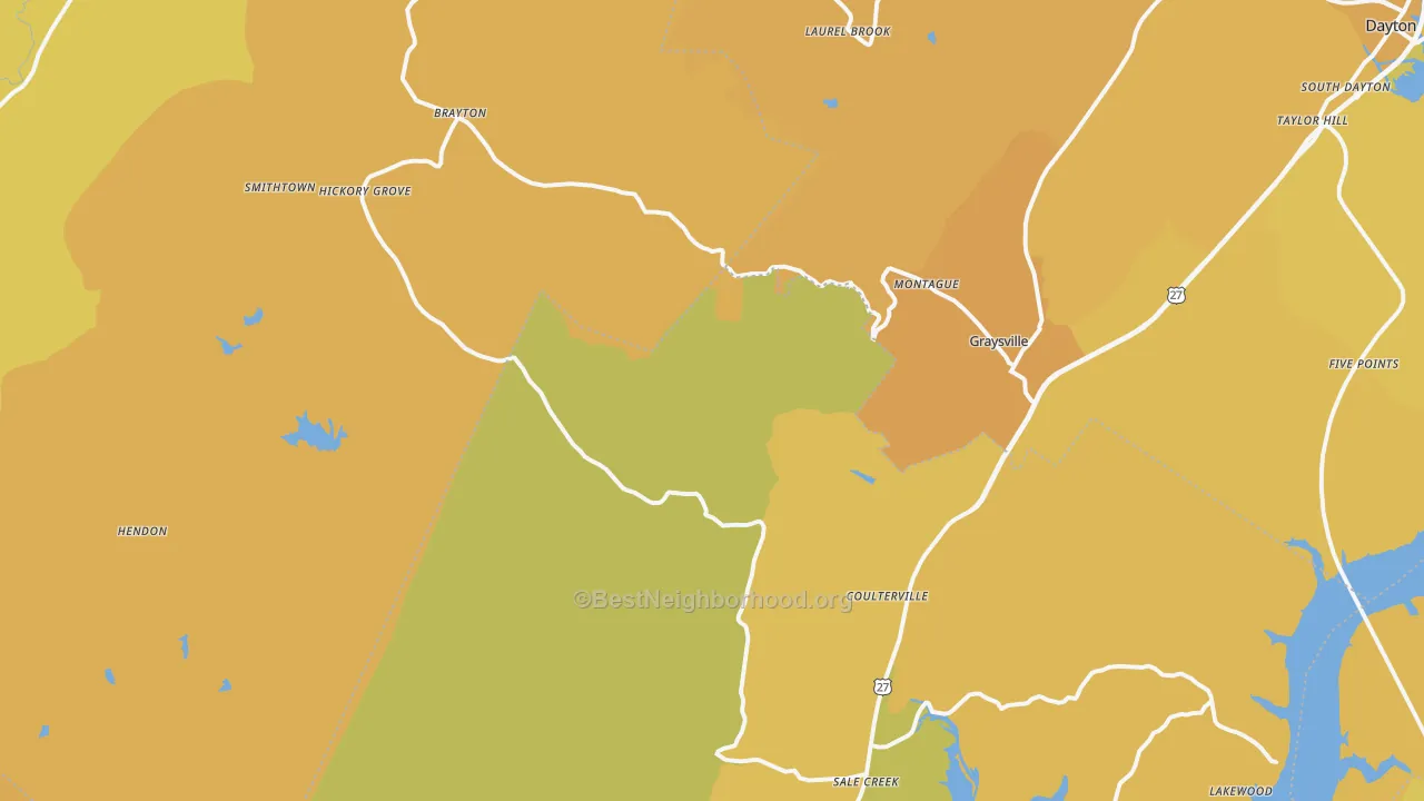 Map of the best neighborhoods in the Graysville area, with better matches in green and worse matches in red